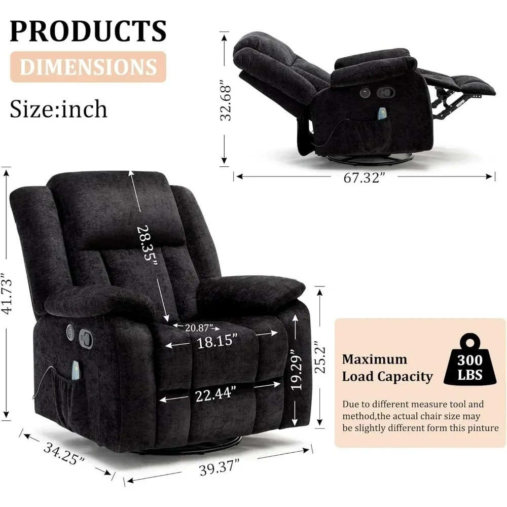 Rocker Recliner-Sofas, 360° ° Drehbarer Liegestuhl mit USB-Anschlüssen, elektrischer Liegestuhl mit Massage und Heizung, Schaukelsofas