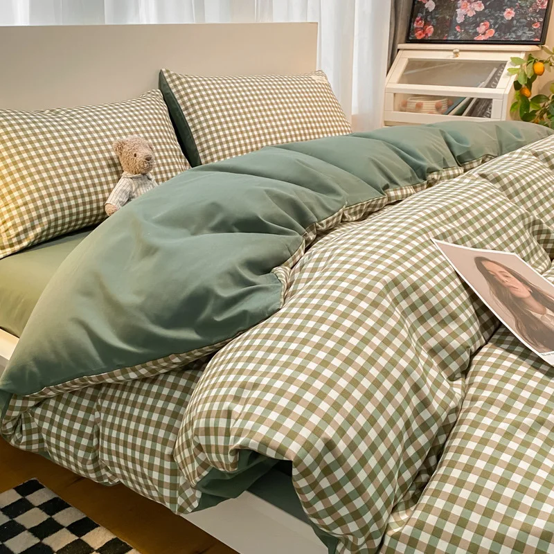 

New retro checkered washed cotton four-piece set, all-cotton pure cotton bed sheet, duvet cover and pillowcase