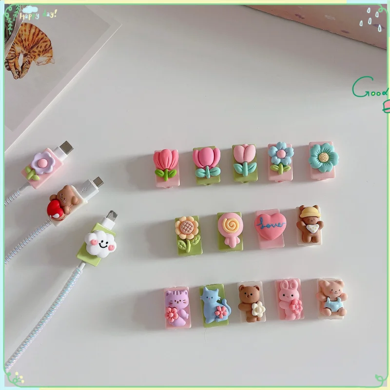 1pc INS Sweet Cartoon Animal Floral Cable Organizers Universal Durable Portable Cable Protecor Charge Cable Organizer