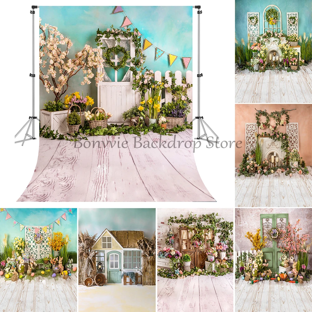 

Spring Easter Photography Backdrop Green Plants Grassland Egg Rabbit Decor Bunny Child Birthday Portrait Photocall Background