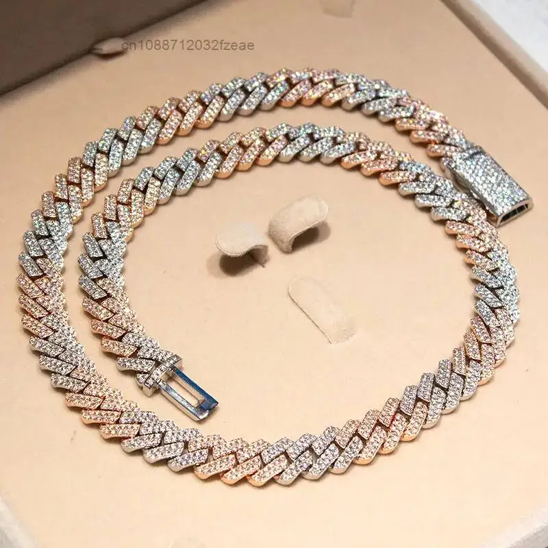 Luxury Bust Down Miami Cuban Two Tone Iced Out S925 Sterling Silver Moissanite 12mm 2 Rows 14k Gold Plated Link Chain.