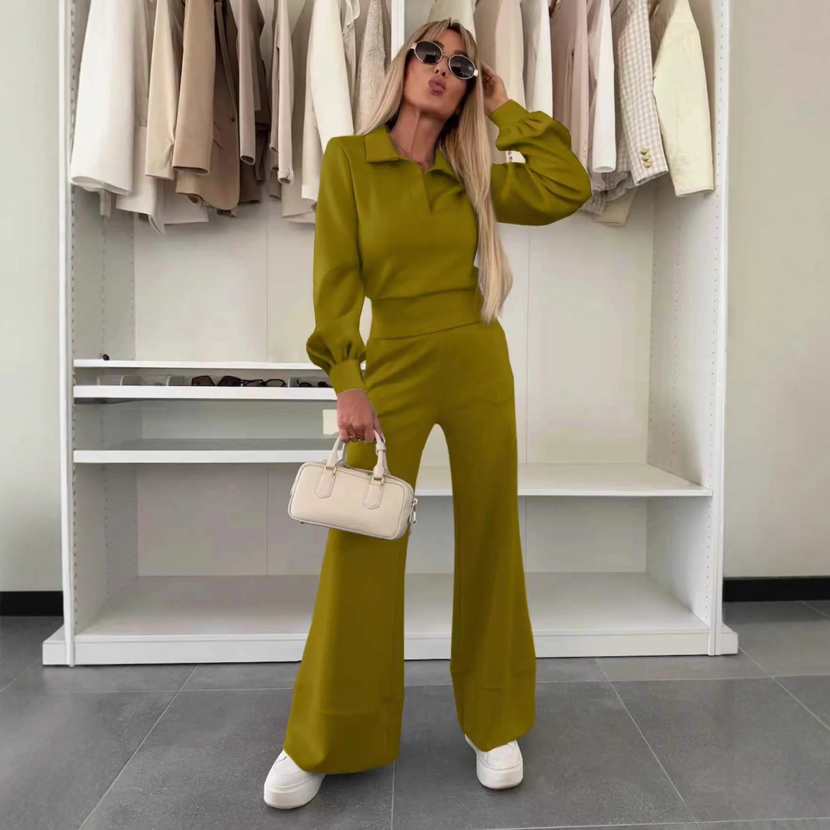 2025 Autumn And Winter New Long Sleeved Top, Elastic Wide Leg Pants Two-piece Set, Solid Color Lapel Casual Suit For Women