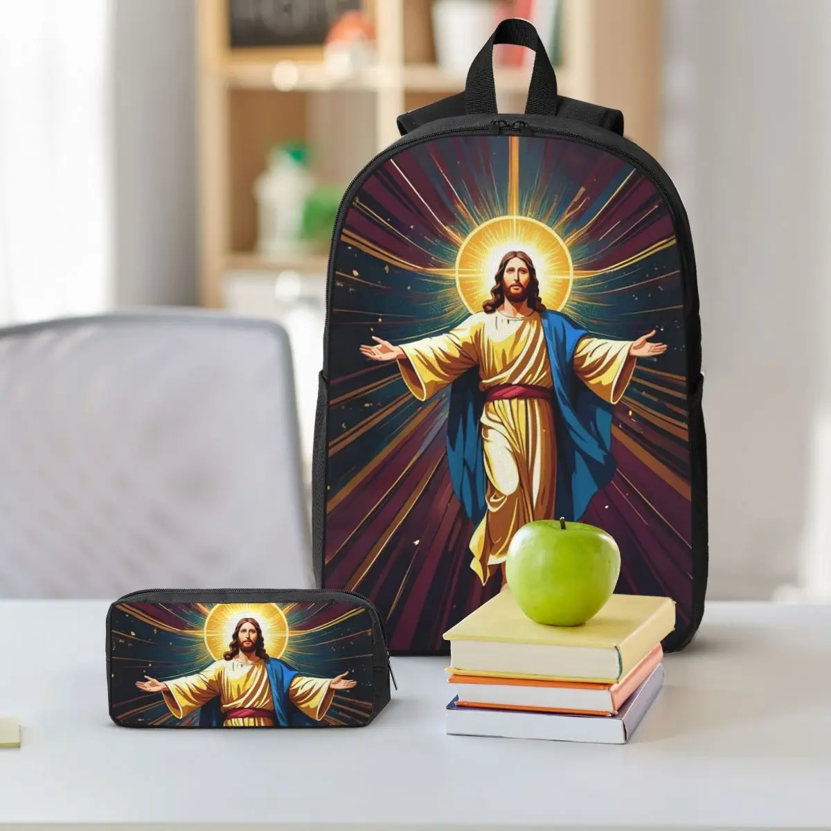Catholicism Saints Jesus Mary Backpack Boys Girls BookBag School Bag Shoulder Bags 3ps Insulated Lunch Bag Pencil Case