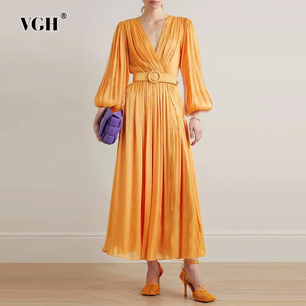

VGH Solid Patchwork Belt Loose Dress For Women V Neck Lantern Sleeve High Waist Spliced Folds Minimalist Dresses Female Fashion