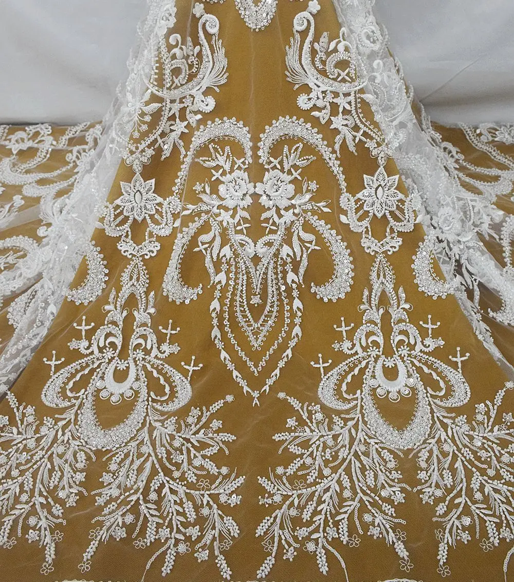 

1 Yard Luxury White Sequins Beaded Nigerian 3d Lace Fabric Embroidery African High Quality for Wedding Dress HY2294