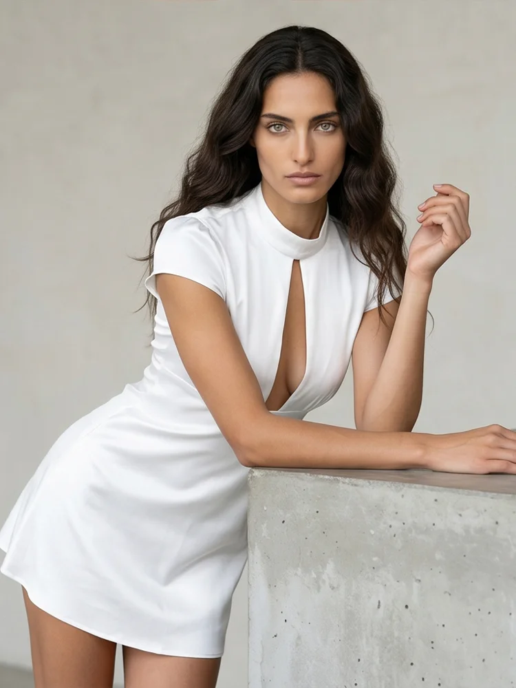 

White Satin High Neck Cutout Mini Dress Formal Cap Sleeve A-line Flared Dresses 2026 Slim Fit Cocktail Party Wedding Guest Gown