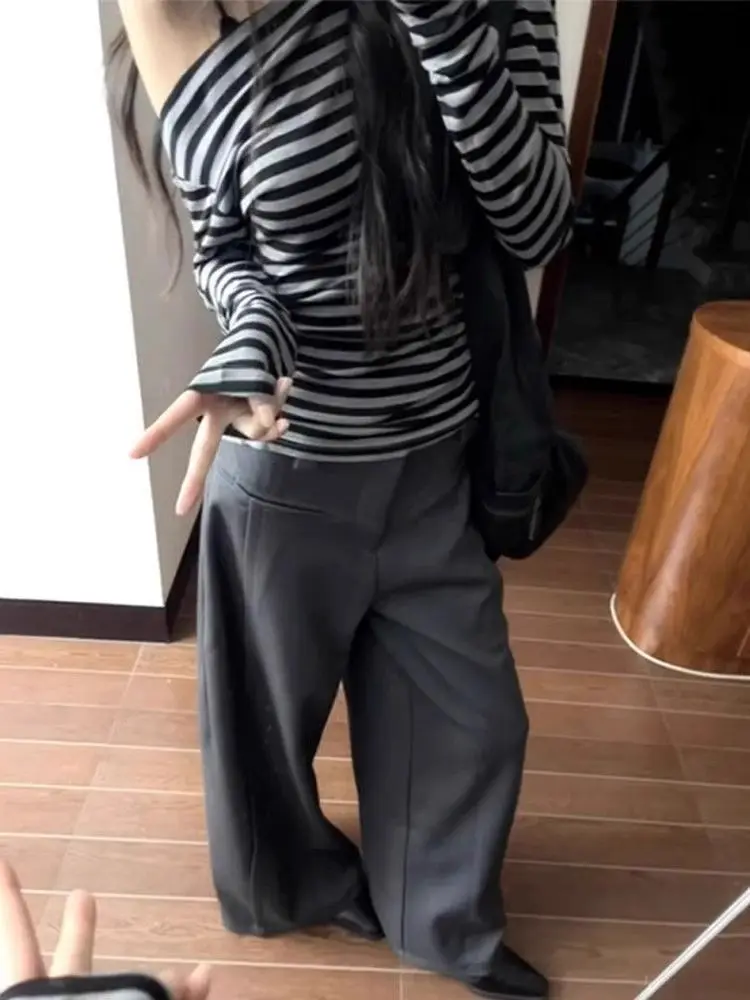 

Ezgaga Women T Shirts Vintage Diagonal Collar Off Shoulder Striped Long Sleeve Autumn Fashion Slim Harajuku Tops Female Casual