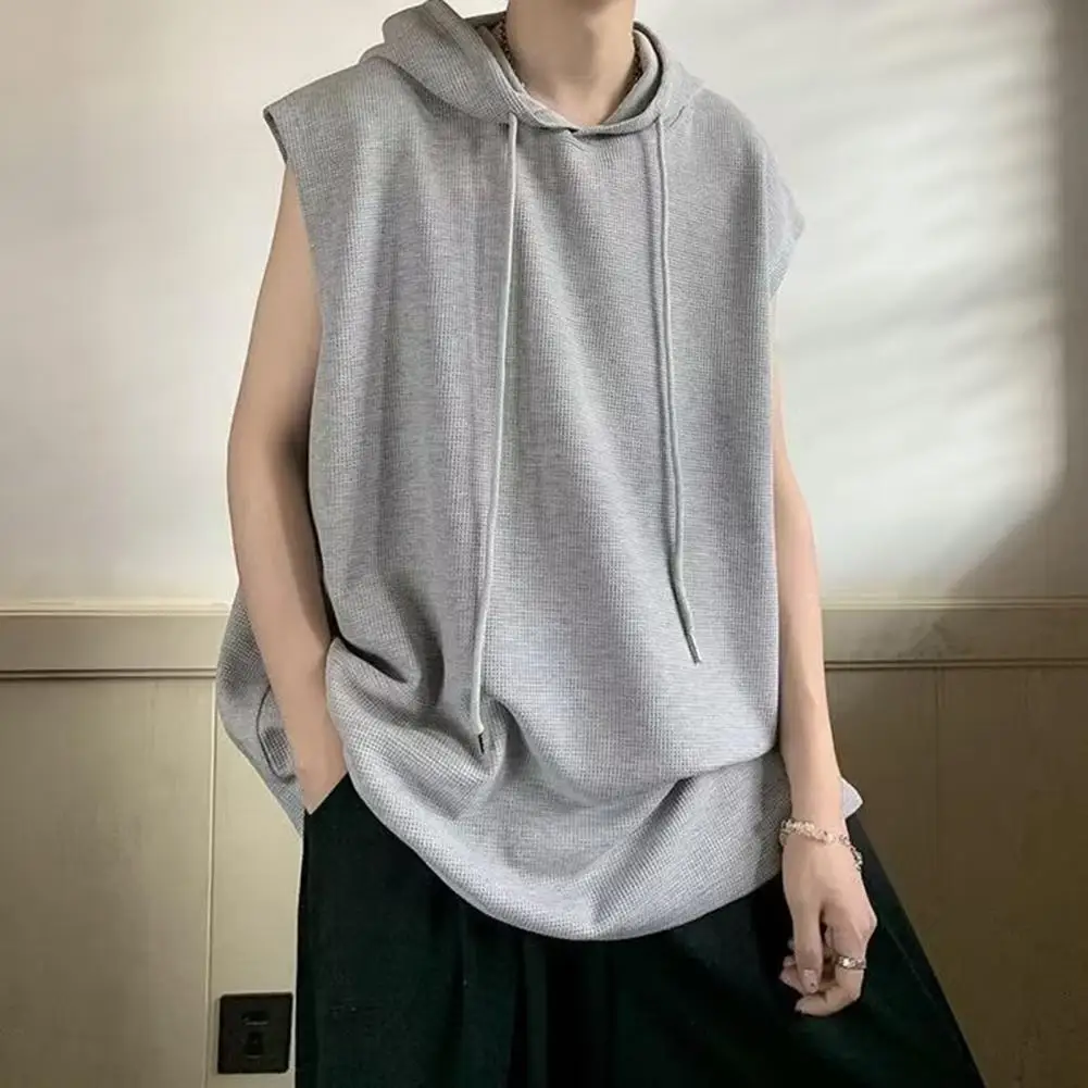 Men Vest Hoodies Sleeveless Sweatshirt Hooded Tank Top Breathable Men's Top Loose Fit Hooded Vest Mid-length Men Workout Hoodie