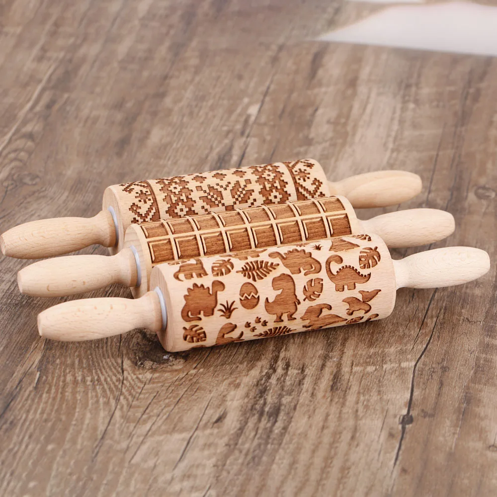 Arjmide Grid Dinosaur Rolling Pin for Baking Deep Engraved Wooden Embossed Judaism Mini Small Rolling Pin Cookie Tool