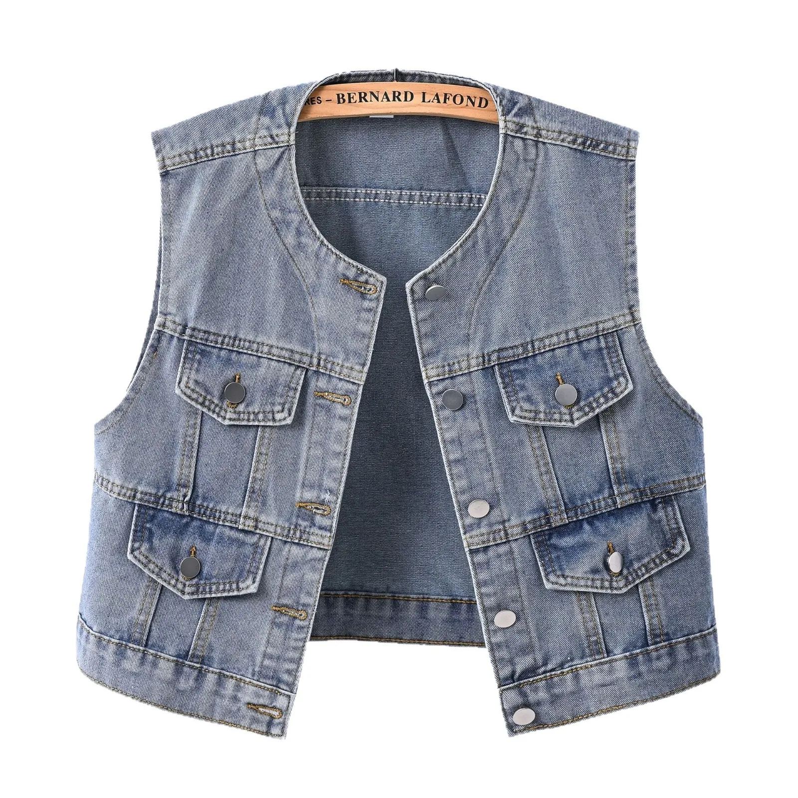 Women's Slim Fit Denim Vest Trendy round Neck Sleeveless Casual Fashion Short Vest Shoulder Detail
