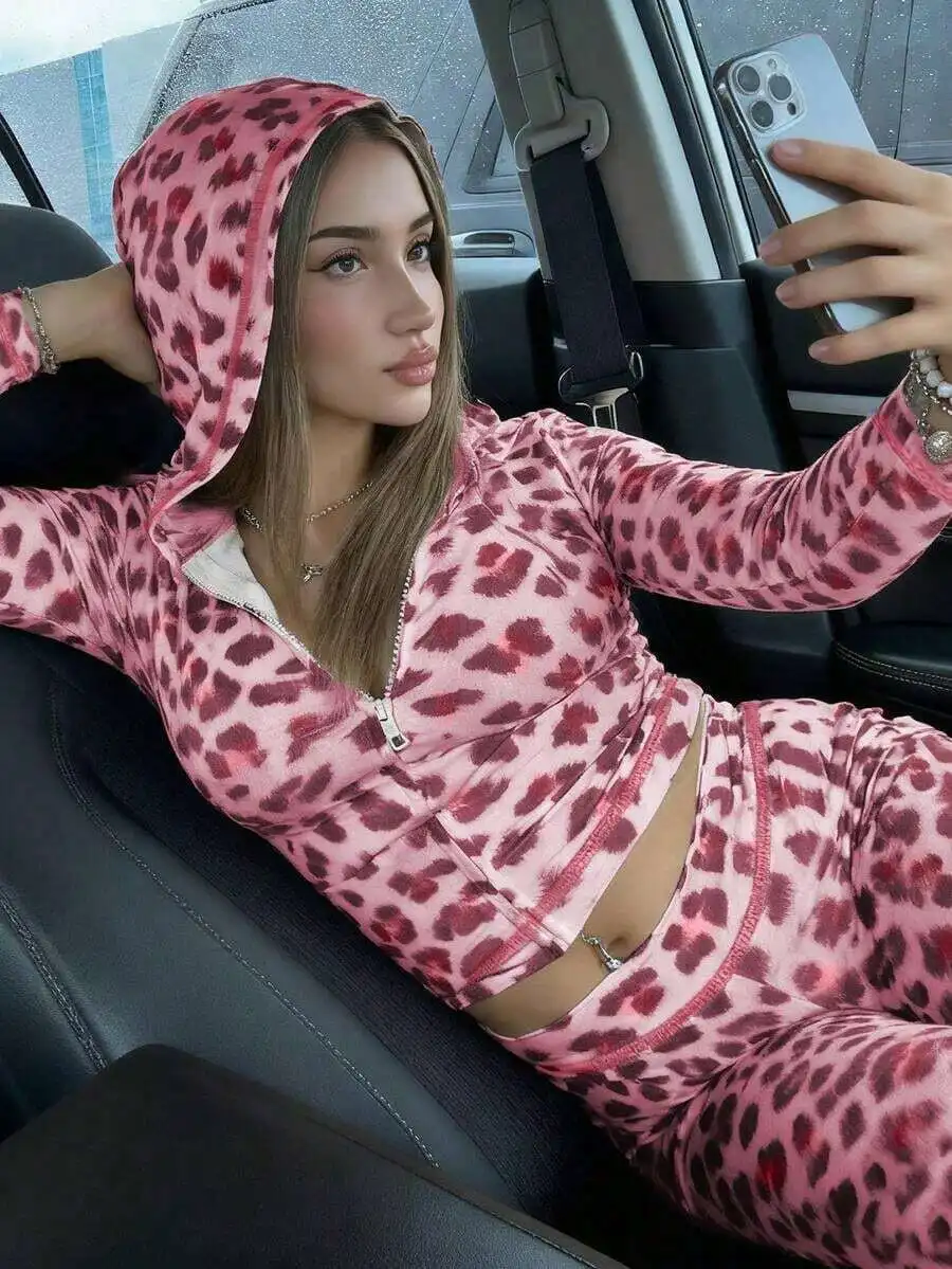 

2pcs Women Leopard Print Zip-Up Hoodie And Pants Casual Set