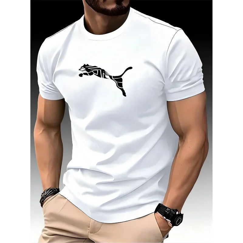2026 Men's Round Neck T-shirt with Fox and Leopard Print, High-quality Casual Sports T-shirt for Summer