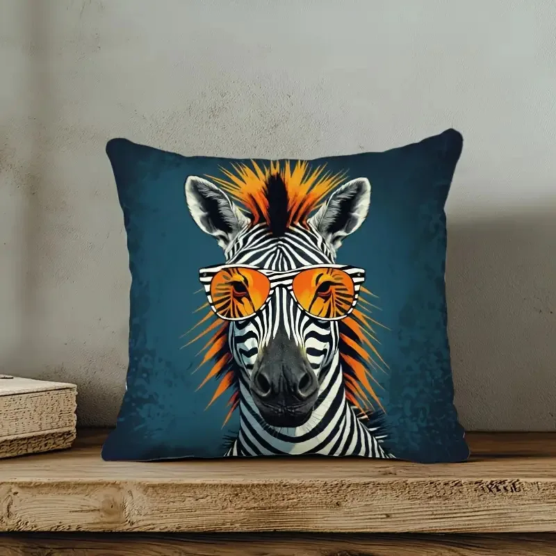 1pc 2D Flat Pillow Not Included Zebra Sunglasses Punk Style Cushion Cover Short Plush Funny Animal Decor Gift Case