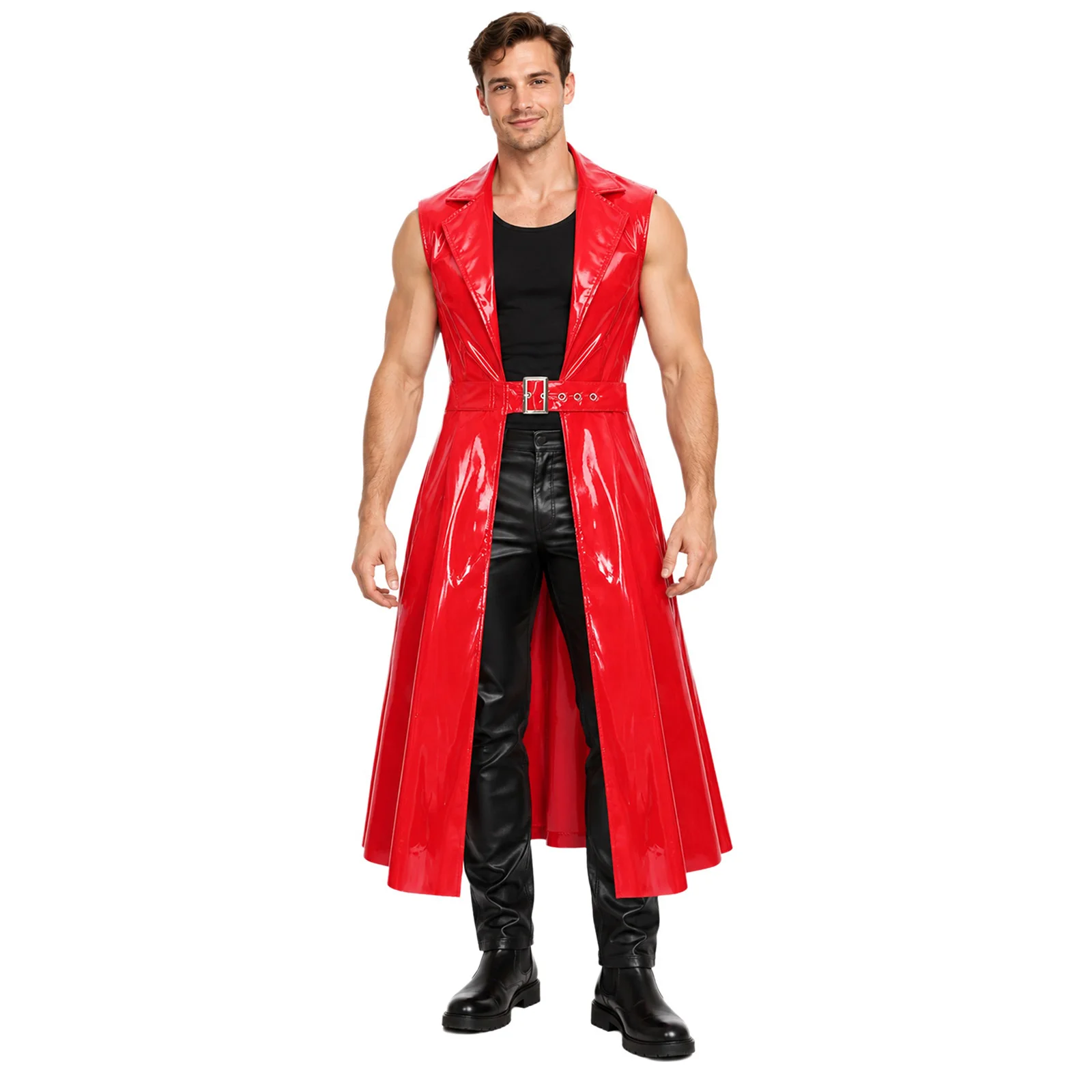 Men Shiny Sleeveless Long Trench Coat Punk Wet Look Patent Leather Lapel Belted Glossy PU Punk Long Jacket for Halloween Cospla