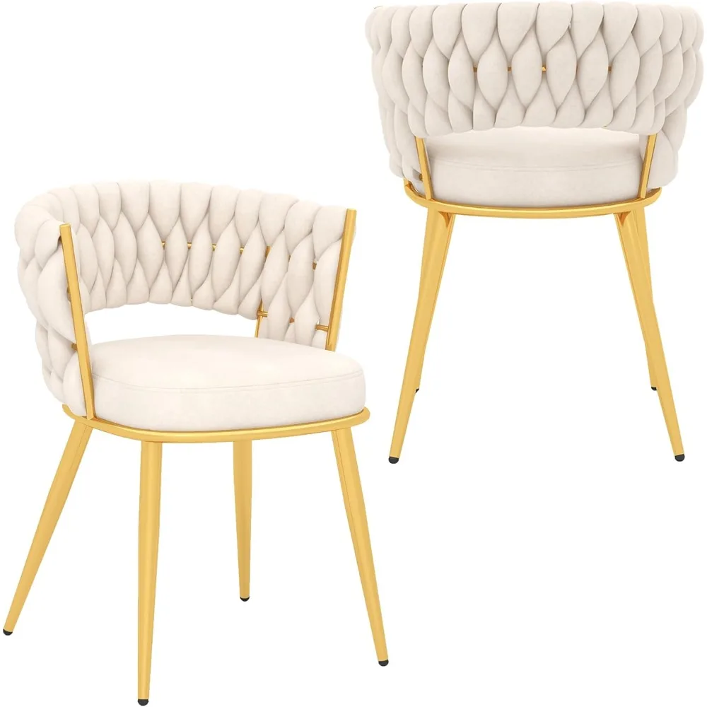 

Modern Velvet Dining Chairs Set of2Upholstered Living Room Chair with Woven Back andGolden Metal LegsMid-CenturyAccent SideChair