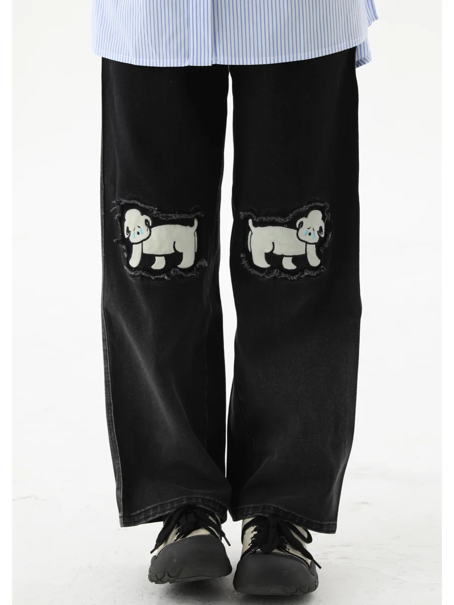 

Оригинальные свободные прямые джинсы Universe King, женские джинсовые длинные брюки премиум-класса с принтом собаки и эффектом похудения