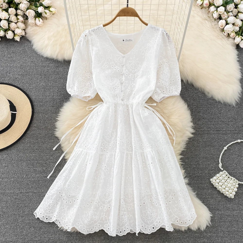 Vestido Midi de Verano con Estilo Fresco, Manga Abullonada, Cuello en V, Bordado Calado, Línea A, Cintura Alta con Cinturón, ...