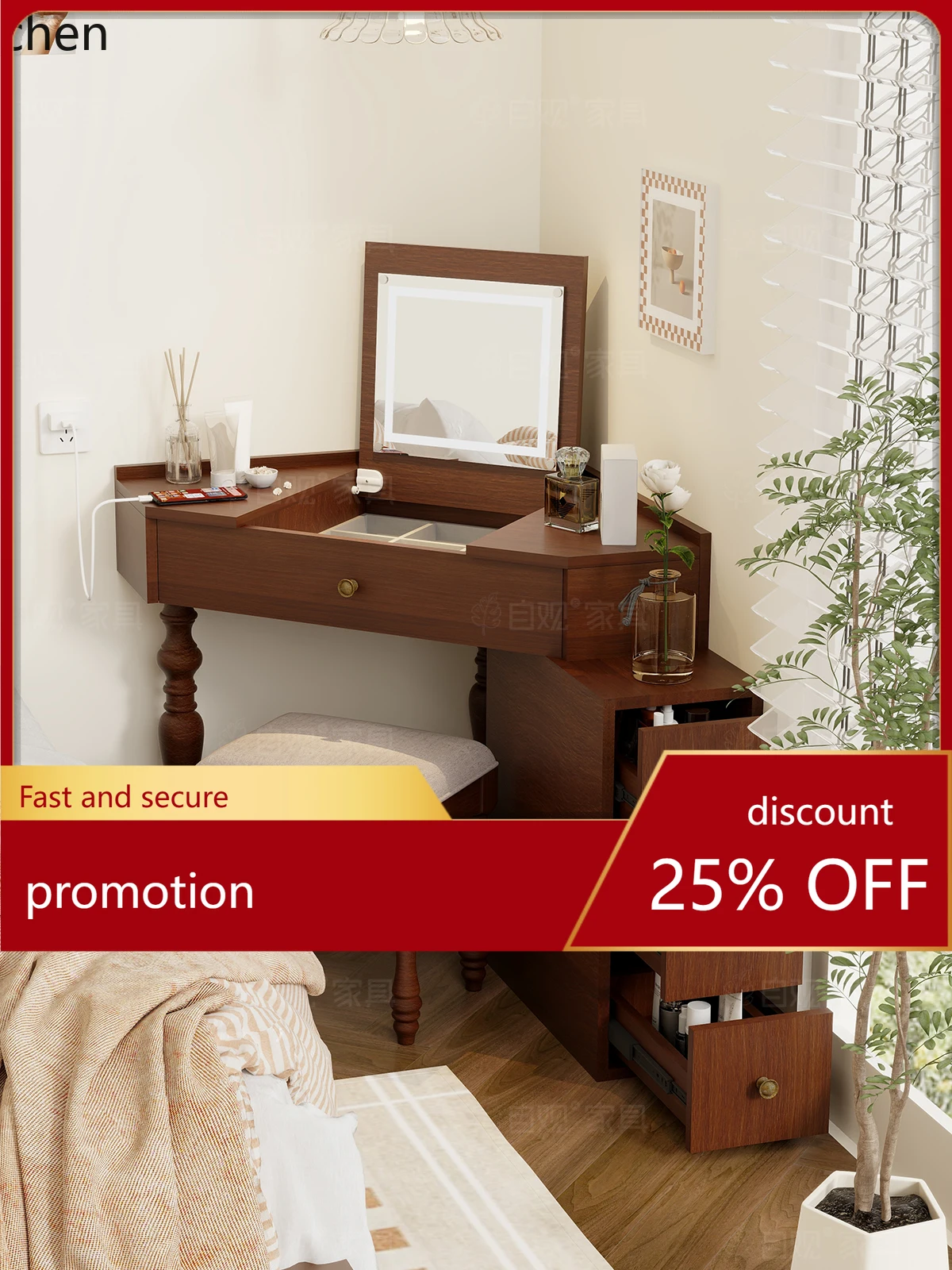 ZML Dressing Table Bedroom Corner Makeup Table Three-Drawer Cabinet Integrated Triangle Desk Vintage Furniture