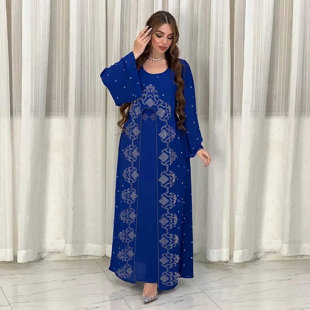 Fashion Iron Drill Fake Two Dresses Chiffon Robe Elegant Muslim Women Dress Party Dubai Abaya Turkey Islam Long Evening Dresses 3