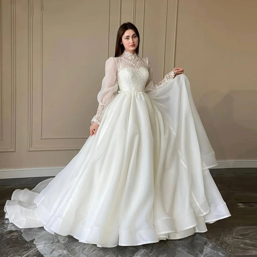 Robe de mariée A-ligne à col haut élégante, manches longues bouffantes, appliques à col haut, patients de mariage coréens, quelle que soit la robe de mariage