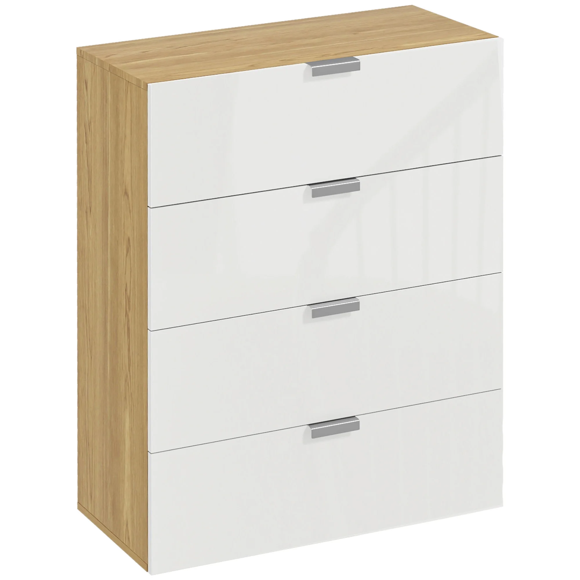 Cómoda con 4 Cajones de Alto Brillo Cajonera de Madera para Dormitorio Salón Oficina 70x35x92 cm Blanco y Natural