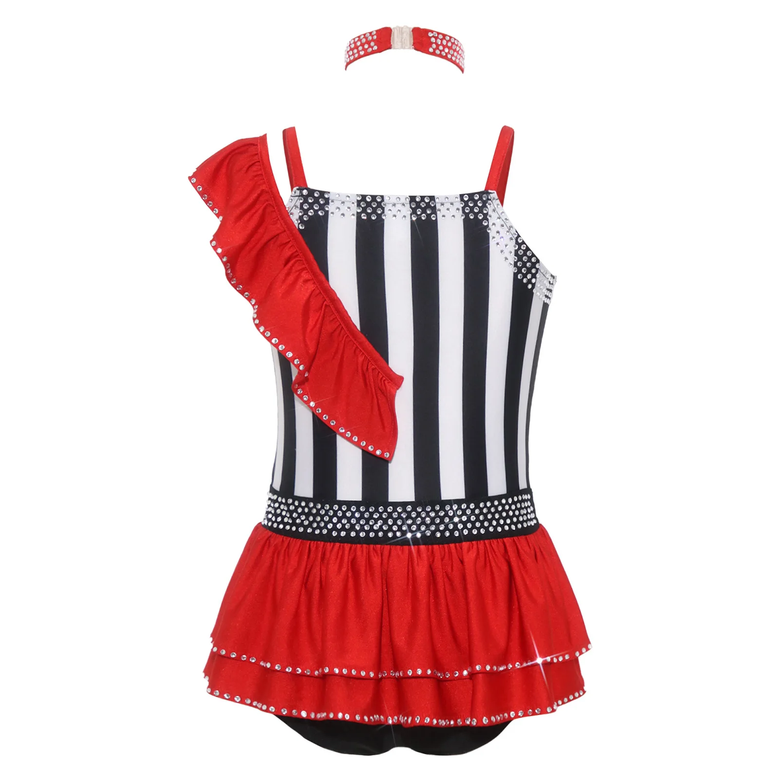 Kids Girls Circus Performance Costume Ballet Dance Gymnastics Leotard Sleeveless Shiny Rhinestones Striped Bodysuit with Choker