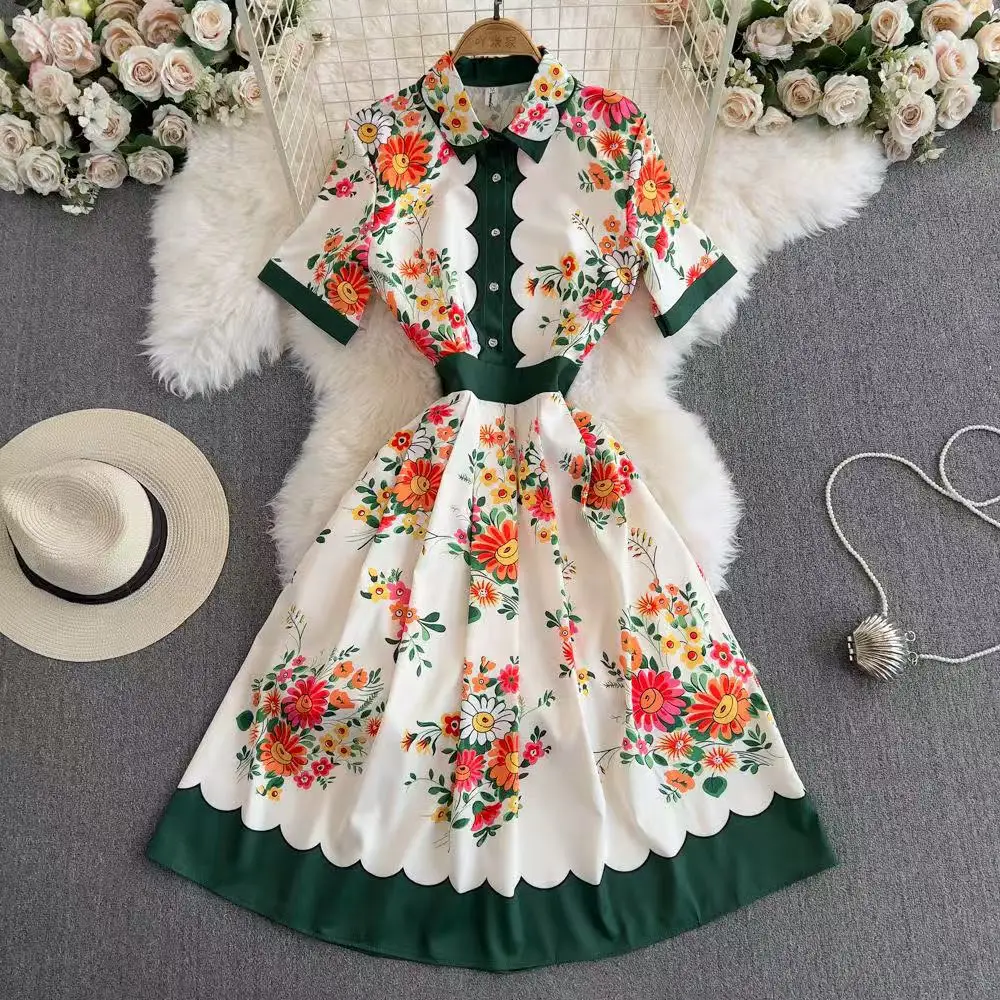 

Long Dress Women Dresses Print Floral A Line Vestidos Y2k Streetwear Elegant Splice Party Night Work Short Sleeve High Waist
