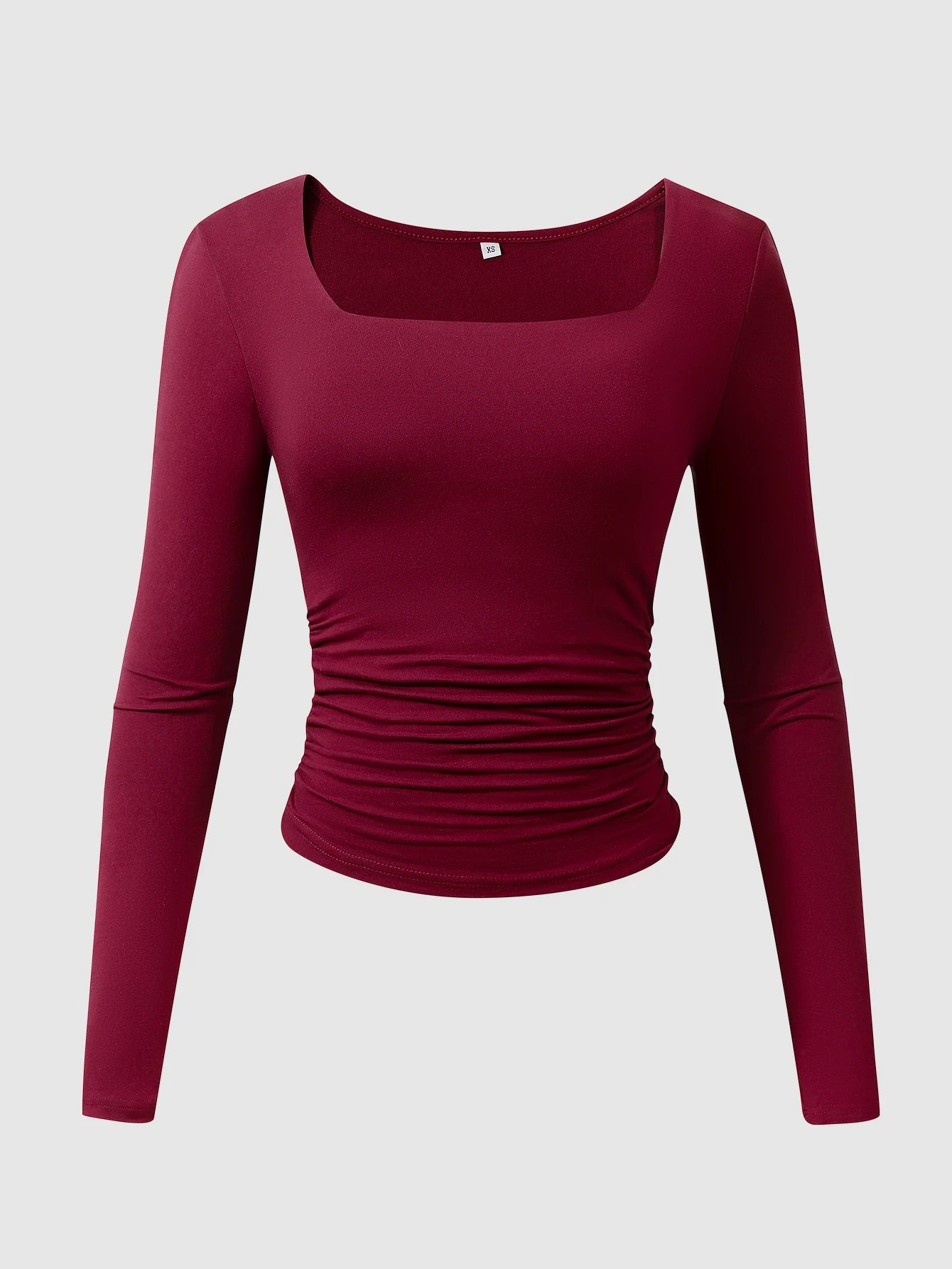 Weinrote Langarm-Damenoberteile mit eckigem Ausschnitt, hochelastische, taillierte Oberteile für Damen, günstiger Damenpullover – Detail 3