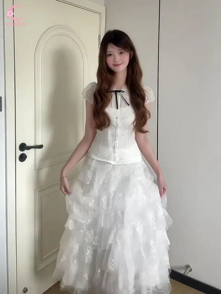 Elegant Lace Blouse and Tulle Cake Skirt Set Women Summer High Waist Fairy Princess Two Piece Outfit Korean Chic Party Dress Set