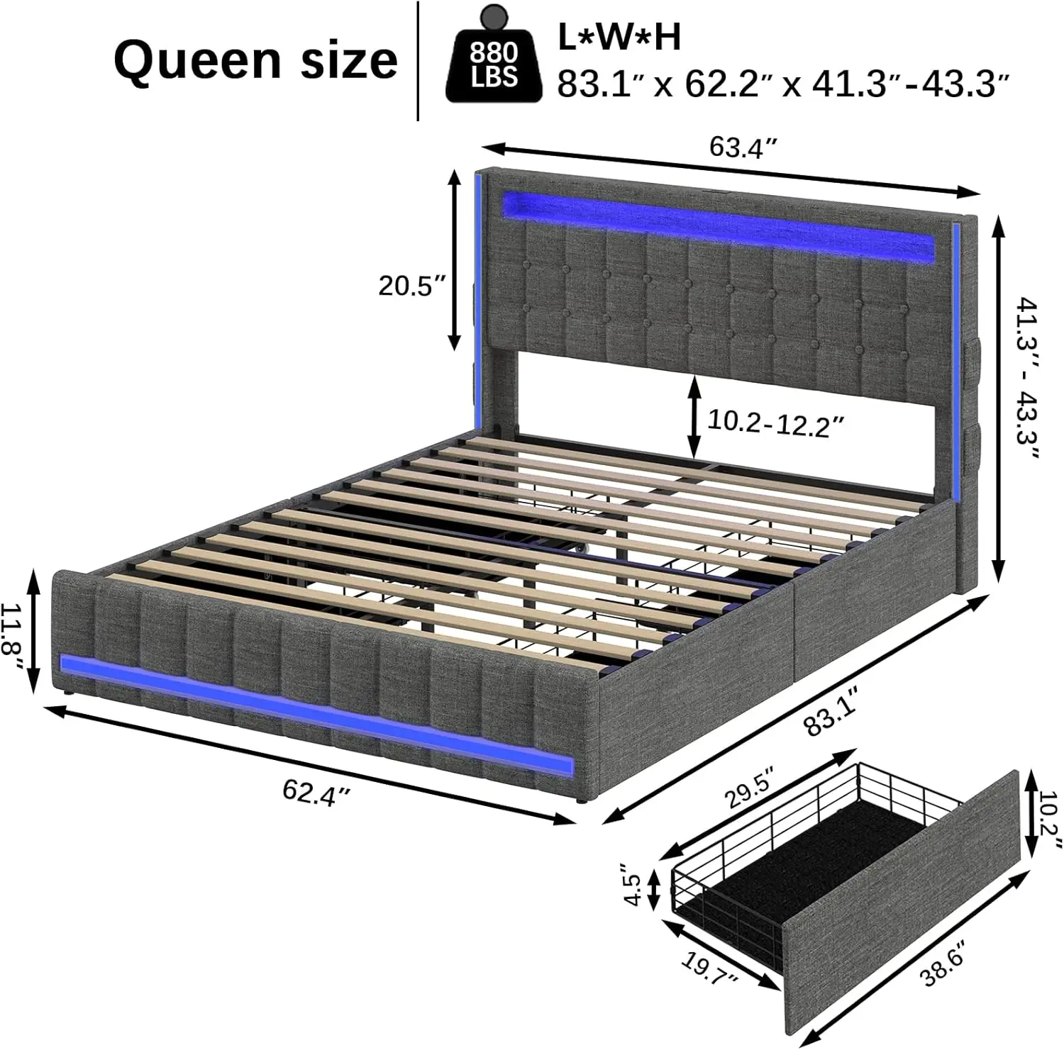 Upholstered Queen Size Bed Frame with 4Storage Drawer,RGB LED Light,Charging Station,Adjustable Headboard