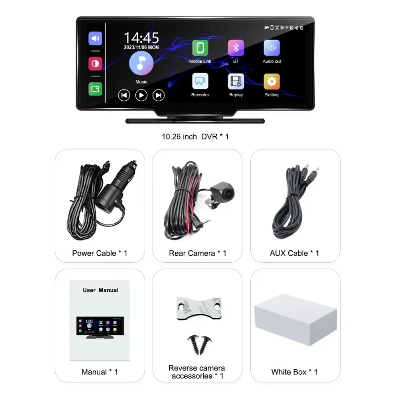 Universal Portable Car Screen 10.26 Inch Wireless Carplay Screen High Quality Multimedia Player for Car Video Recorder DASH CAM