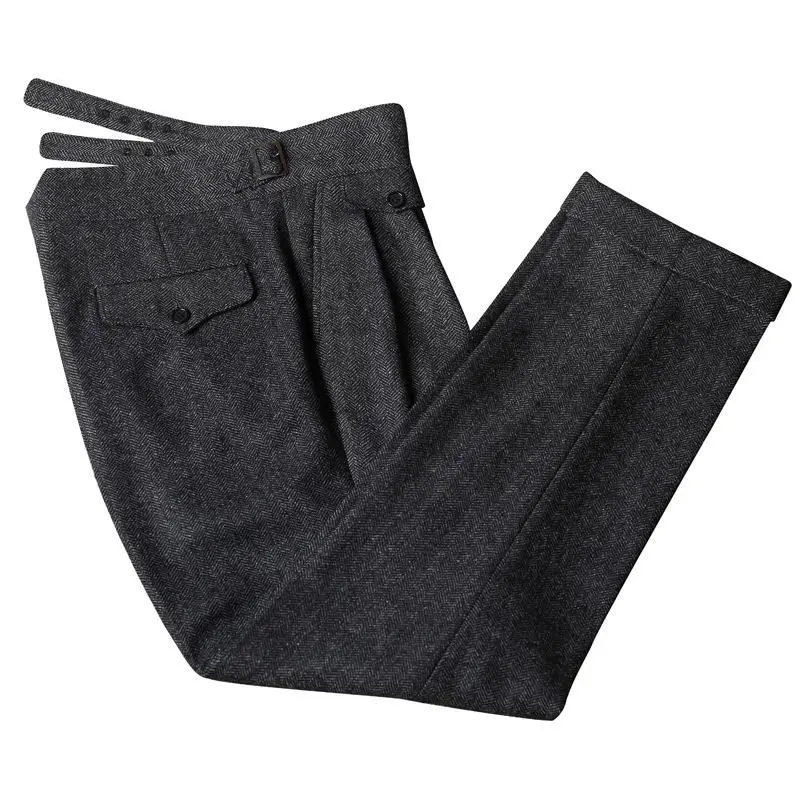 Men Trousers Black Herringbone Wool Tweed Pants for Men Dark Gray Gentleman Trousers for Wedding Vintage Groomsmen Pants 2022