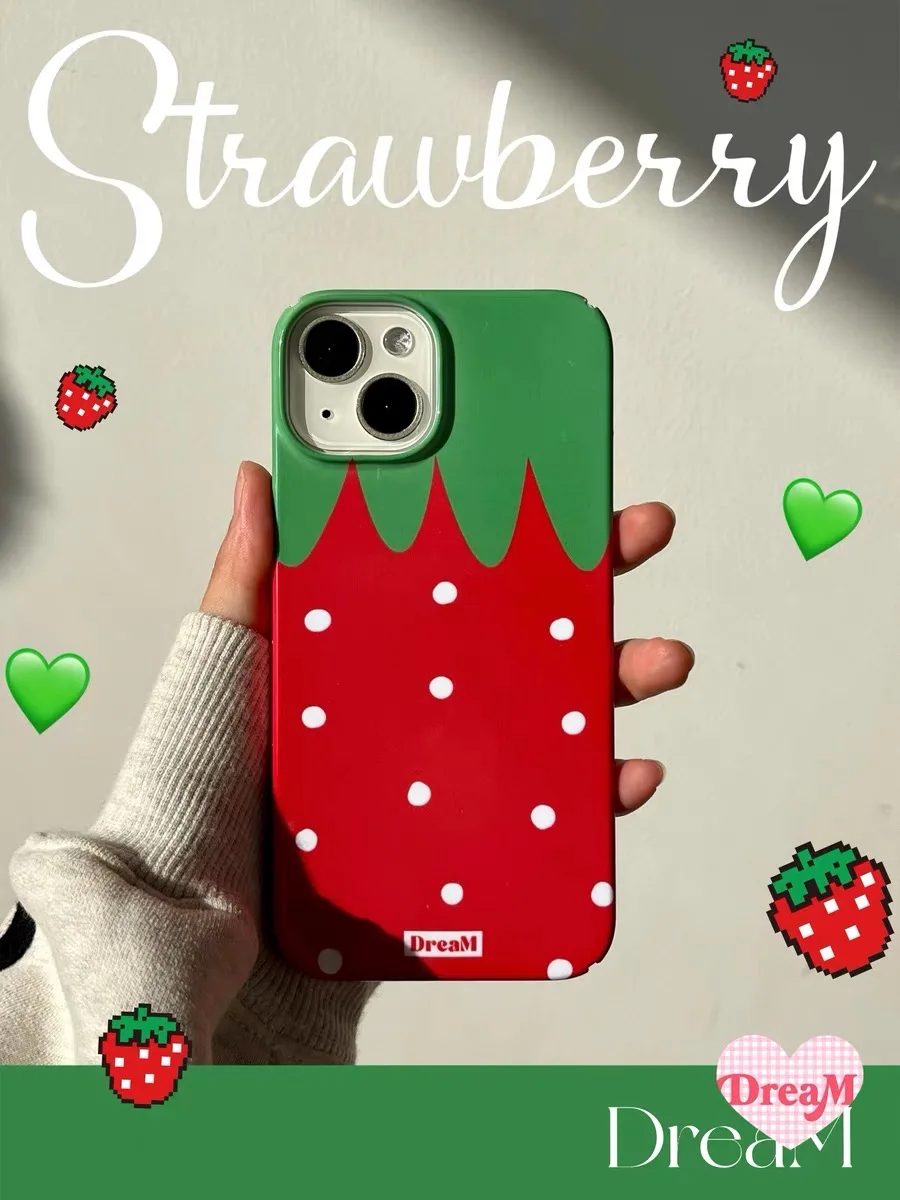 INS Korean Red and Green Polka Dot Strawberries Case for IPhone 16 14 13 Pro Max 12 11 Pro Plus Protection Ultra Thin Hard Cover