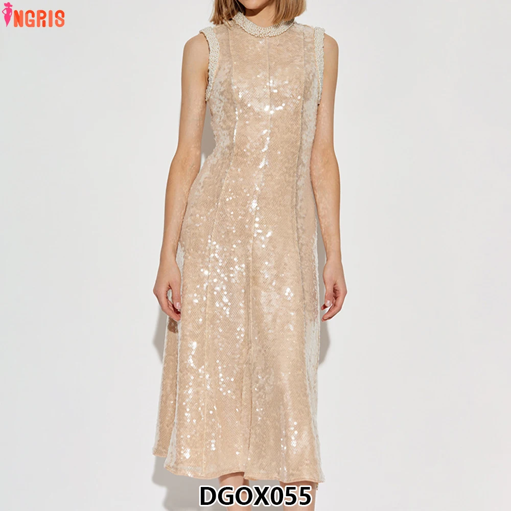 

Spring Party Luxury Women Hand Made Beading Sleeveless Mid-Calf Prom Party Evening Dress Special Occasion-DGOX055
