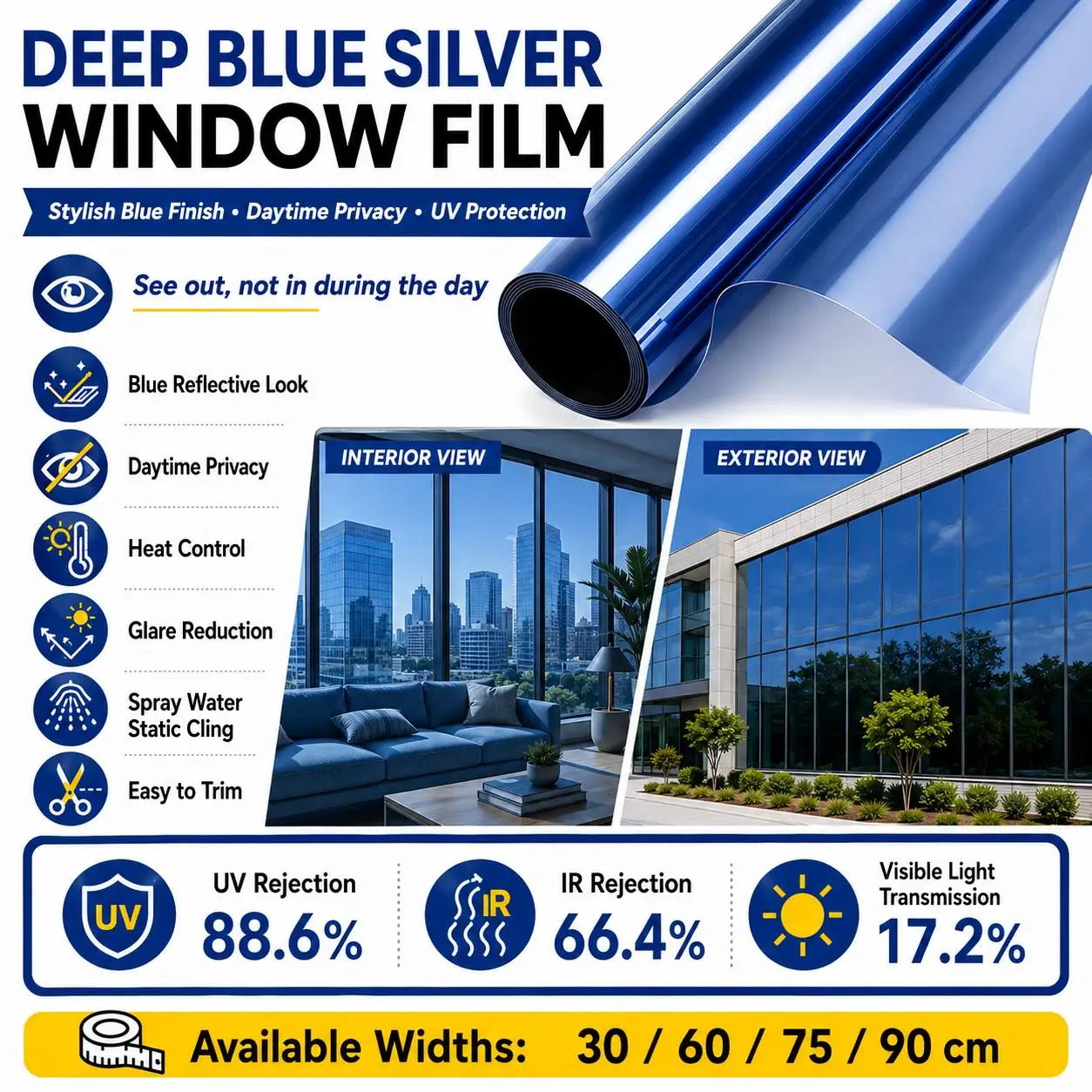 Black Silver Privacy Window Film Daytime Heat Control Anti Glare Static Cling No Glue Removable for Home Office Storefront Glass
