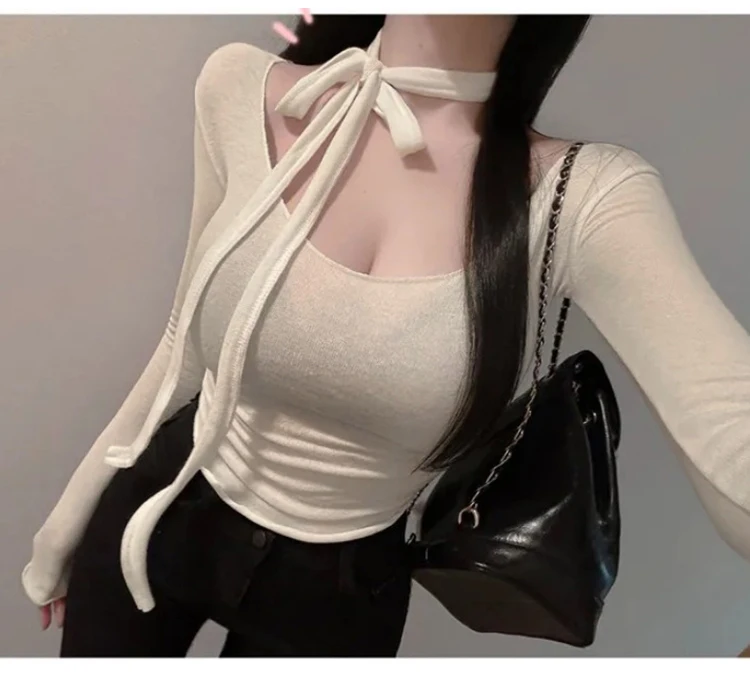 Koreanischer Stil U-Ausschnitt Band Slim Fit Transparentes Langarm Damen T-Shirt 2026 Sommer Figurbetontes T-Shirt Einzigartiges Design Crop Top – Detail 3