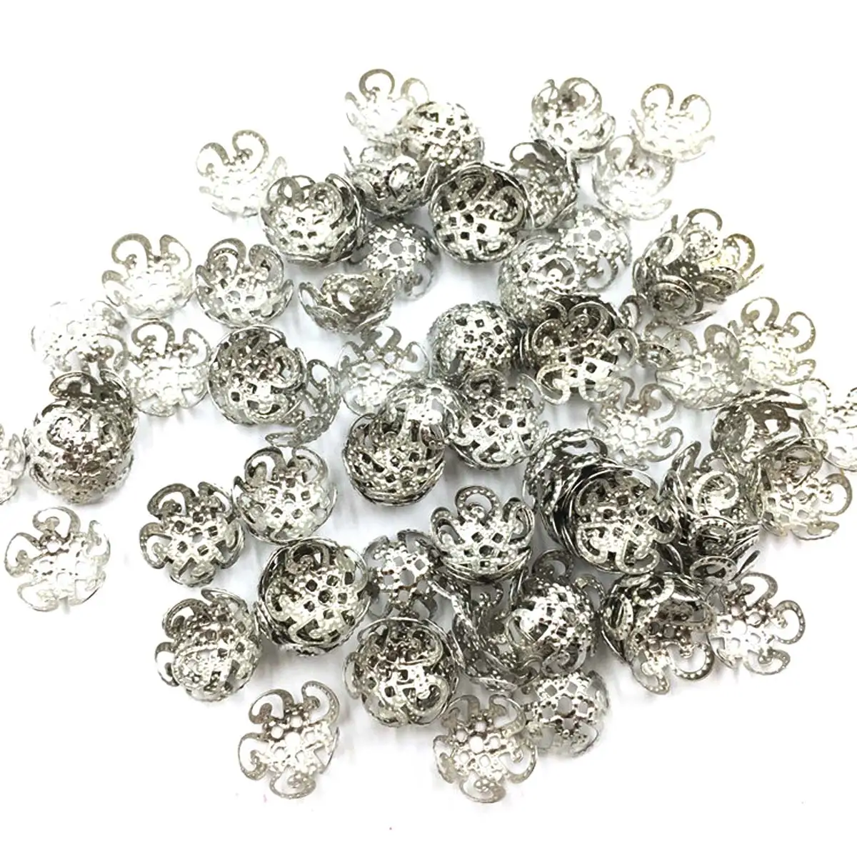 End Beads Caps Flower Hollow Alloy Metal Silver Tone Jewelry DIY Findings 10x4mm