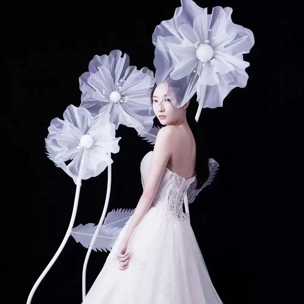 3Pcs/Set Giant Wedding Flowers Huge Gauze Artificial Flowers with Standing Base for Wedding Bridal Shower Engagement Party Decor