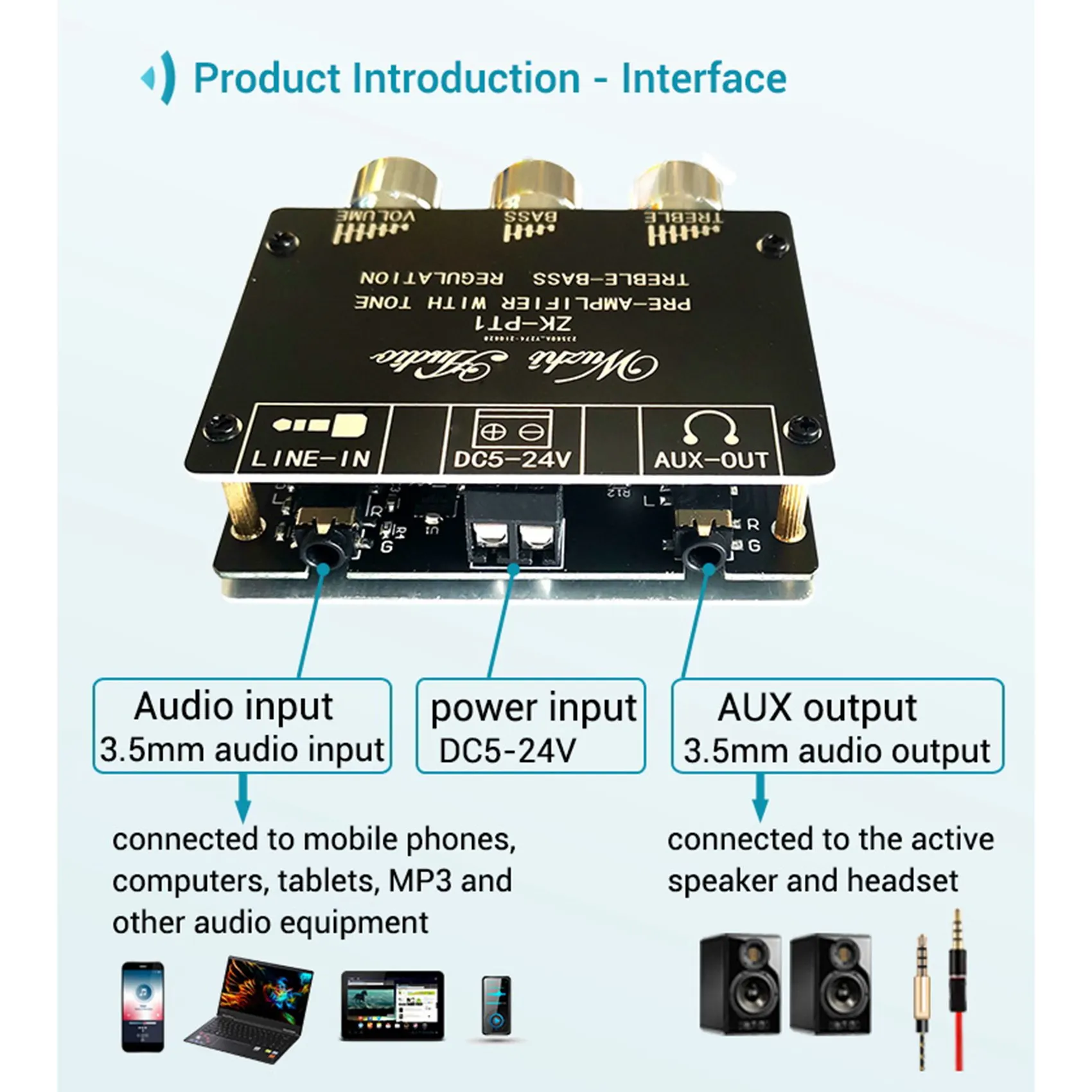 Papan Decoder Bluetooth 5.0 Stereo dua saluran, ZK-PT1 papan Amplifier pra-modul nada tinggi dan rendah