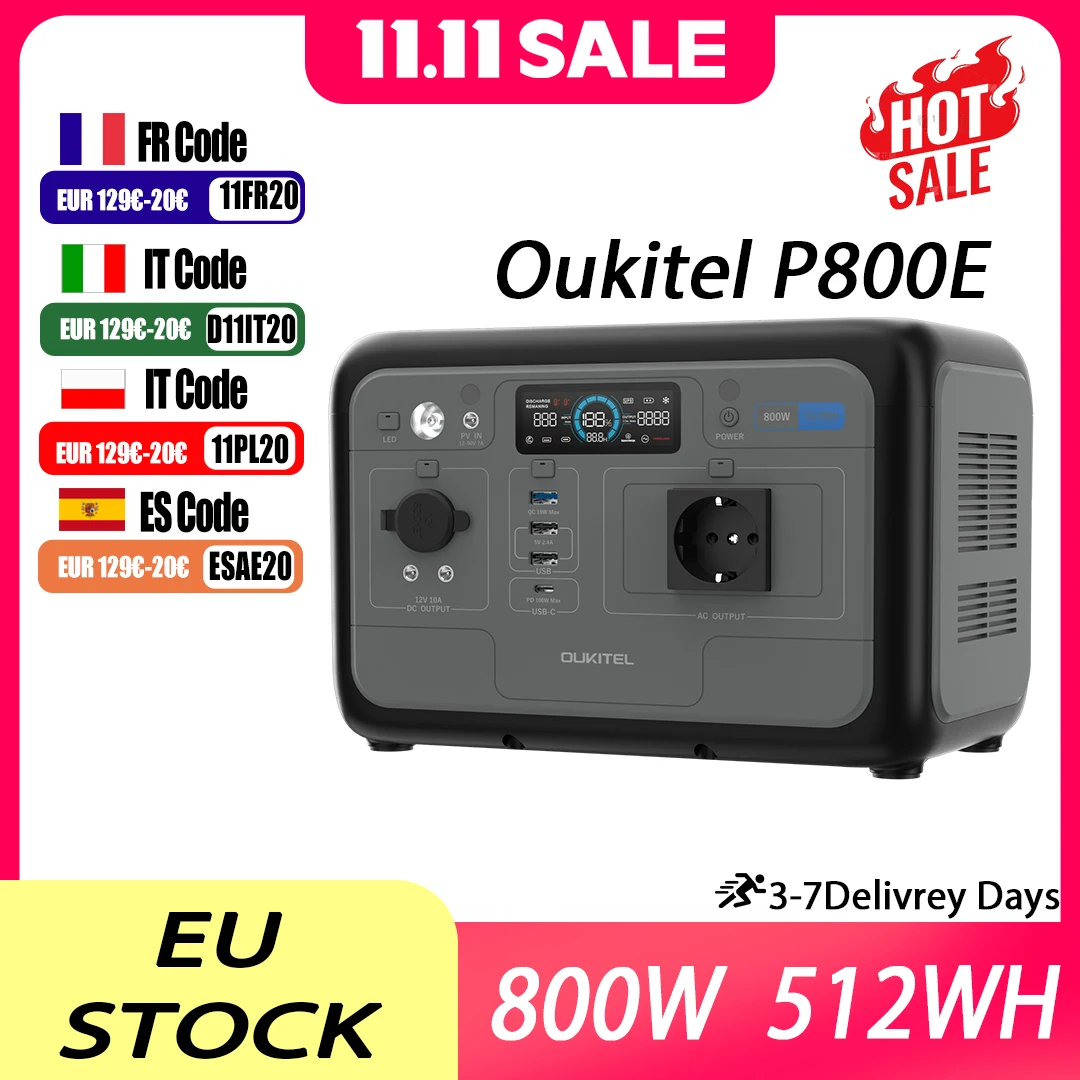 Centrale électrique portable Oukitel P800E - Batterie 800 W, 512 WH, rechargeable par l'énergie solaire, plusieurs ports pour utilisation extérieure, maison et urgence