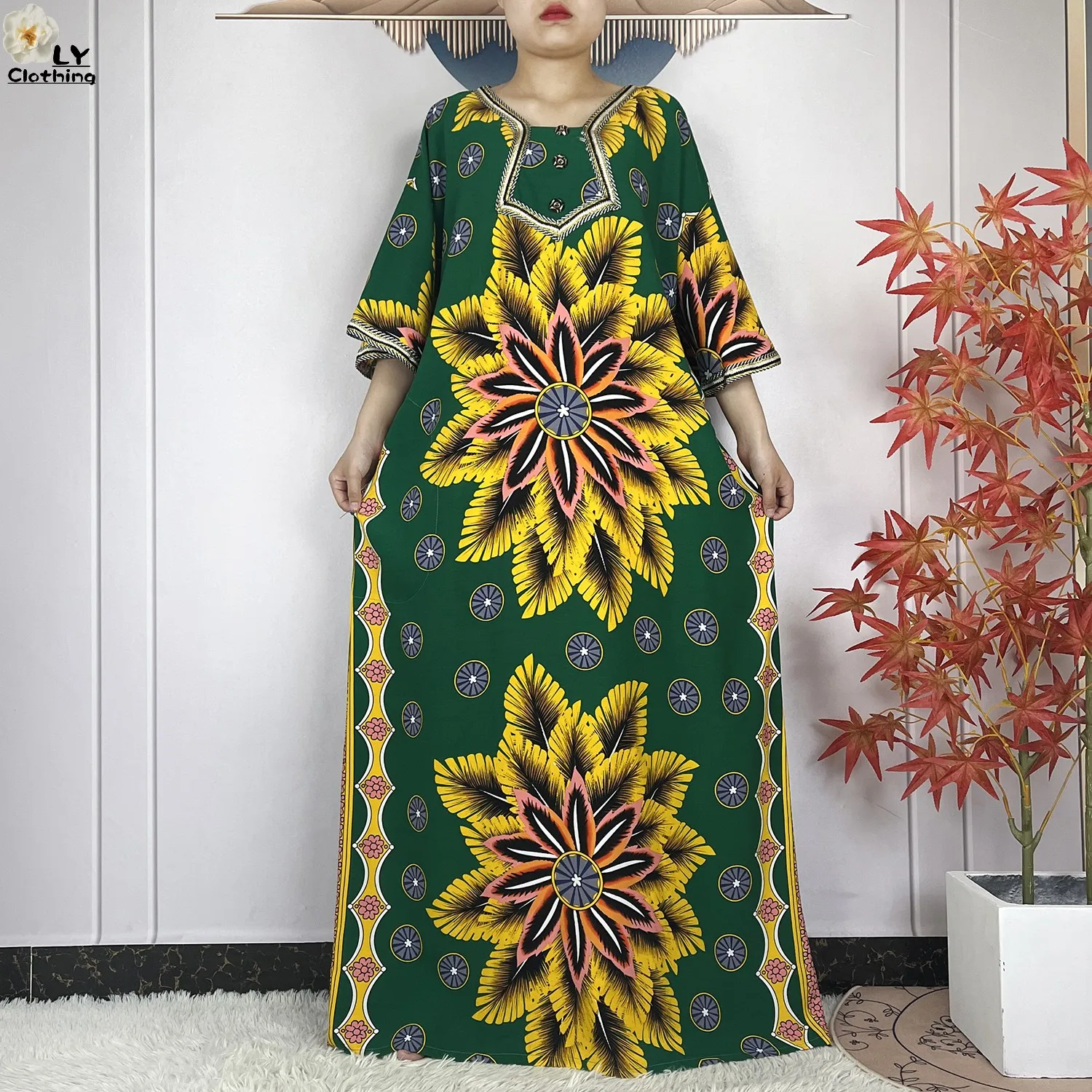 New Dubai Summer Party Dress Short Sleeve Loose Pure Cotton Printing Floral Lady Elegant Maxi Islam Women African Abaya Clothes