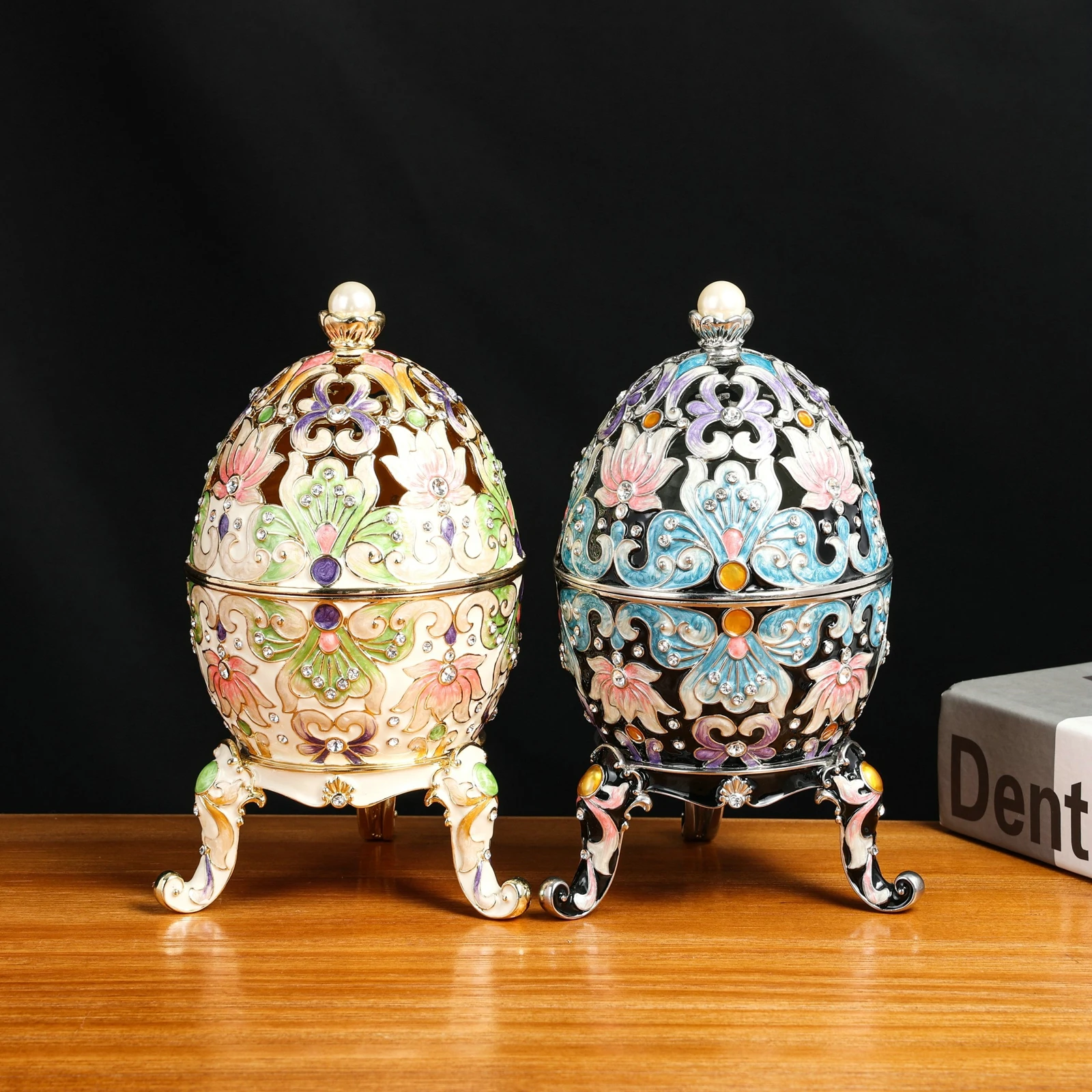 SHINNYGIFTS Easter Egg Trinket Box Vintage Style Flower Enamel Jewelry Box Hinged Ornaments Faberge Egg Gift for Home Decor