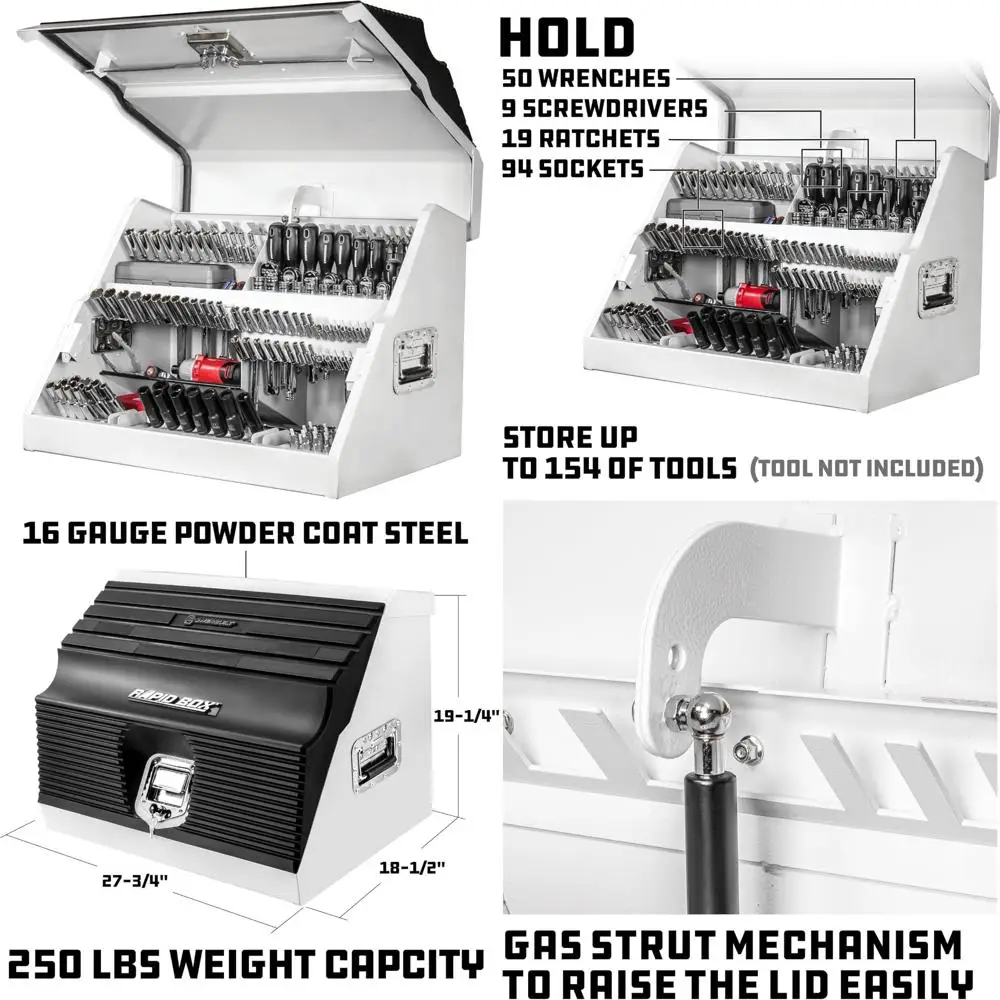 صندوق أدوات أمامي مائل 26 محمول مع حاملات سلالم متدرجة، فولاذ قياس 16، أجهزة من الكروم، مقاومة للطقس