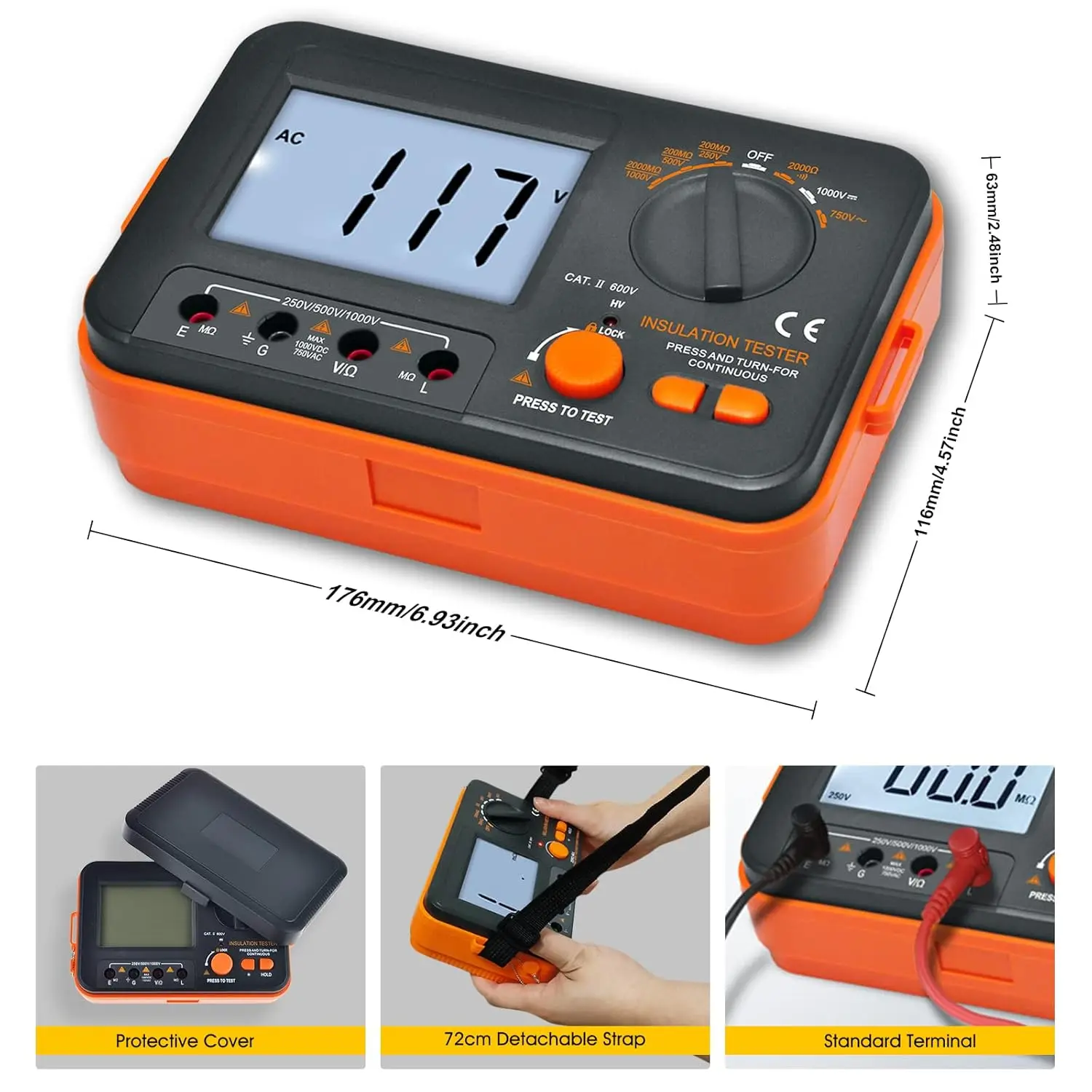 Digitale megohmmeter 1000 V, isolatieweerstandstester Meet 0,1 MΩ ~ 2 GΩ, testspanning 250 V/500 V/1000 V, DC/AC-spanning