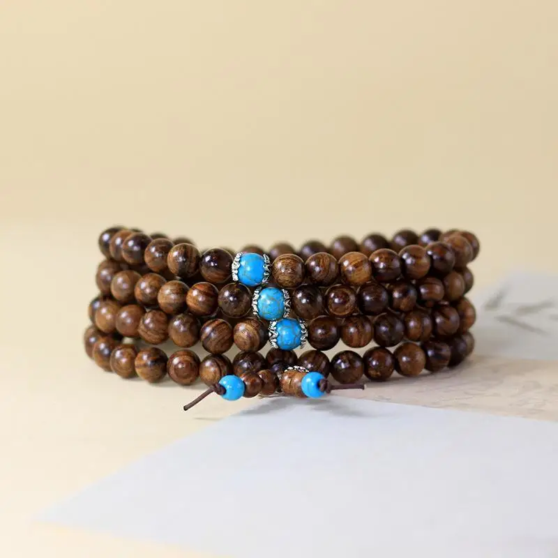 Wood 108 Mala Rosary Bracelet Turquoise 8mm Prayer Beads Bracelet