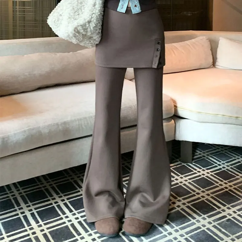 Women Fake Two Piece Flared Pants High Waist Skirts Overlay Button Decor Slim Stretch Autumn Casual Basic Bootcut Long Trousers