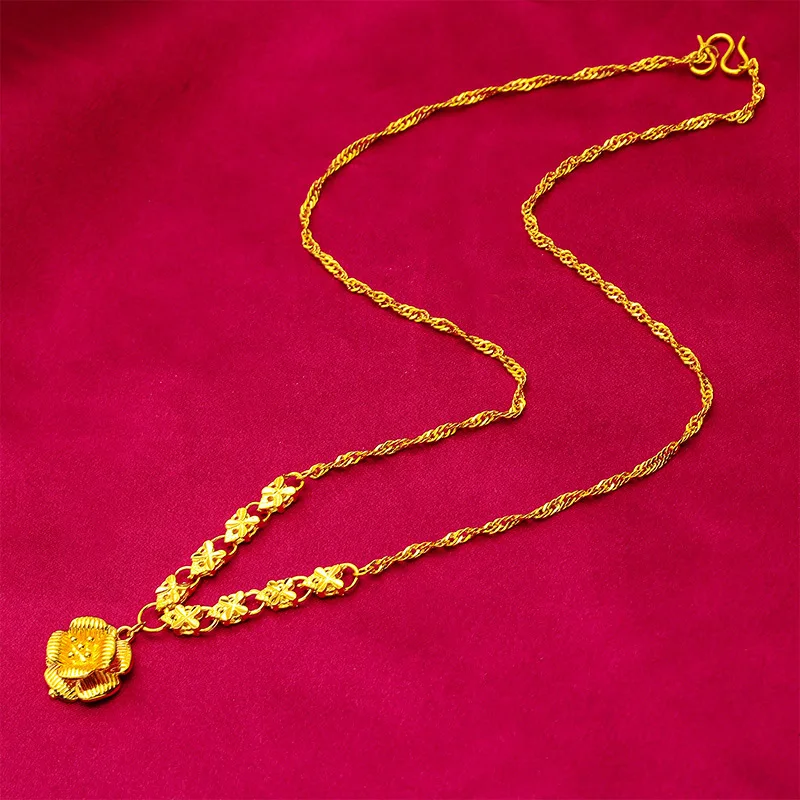 

24K Gold AU999 Women's Trendy Flower Necklace - Gradient Gold Petals + Gold Foil Stamen, Extender, Daily Chic Tender Charm Full