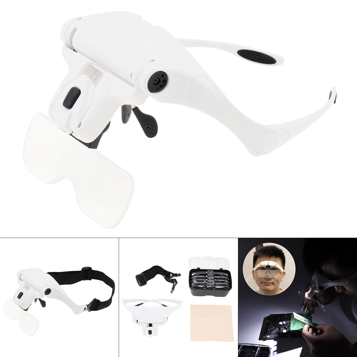 LED Glasses Magnifier 3.5X Adjustable Rechargeable Headband Eyeglass Magnifying Glasses With Light for Reading /Repair