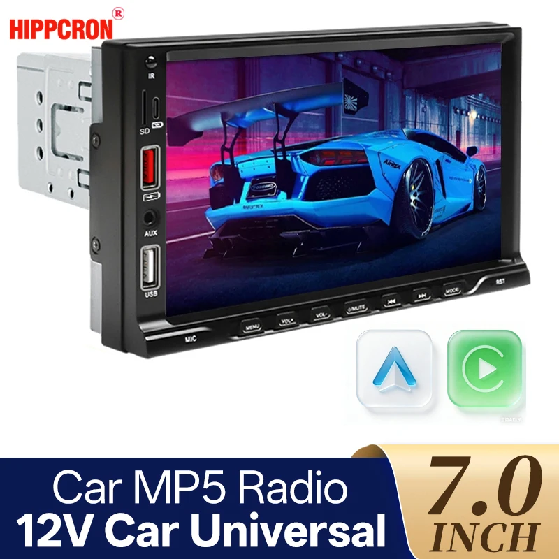 HIPPCRON 7inch Carplay Android Auto 1Din Car Radio MP5 Multimedia Player Touch Screen FM Dual USB Bluetooth USB MirrorLink