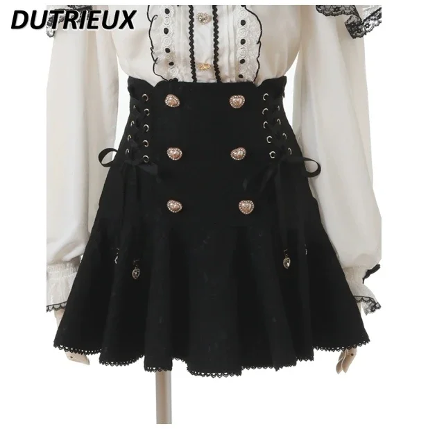 Japanese Style Three-dimensional Lace Casual High Waist Skirts for Women Double-breasted Strap Bow Ladies Lolita Skirt Summer